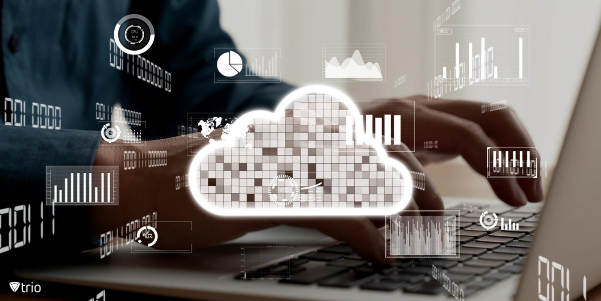 Abstract image of a digital cloud over an image of an IT manager setting up a cloud configuration management service