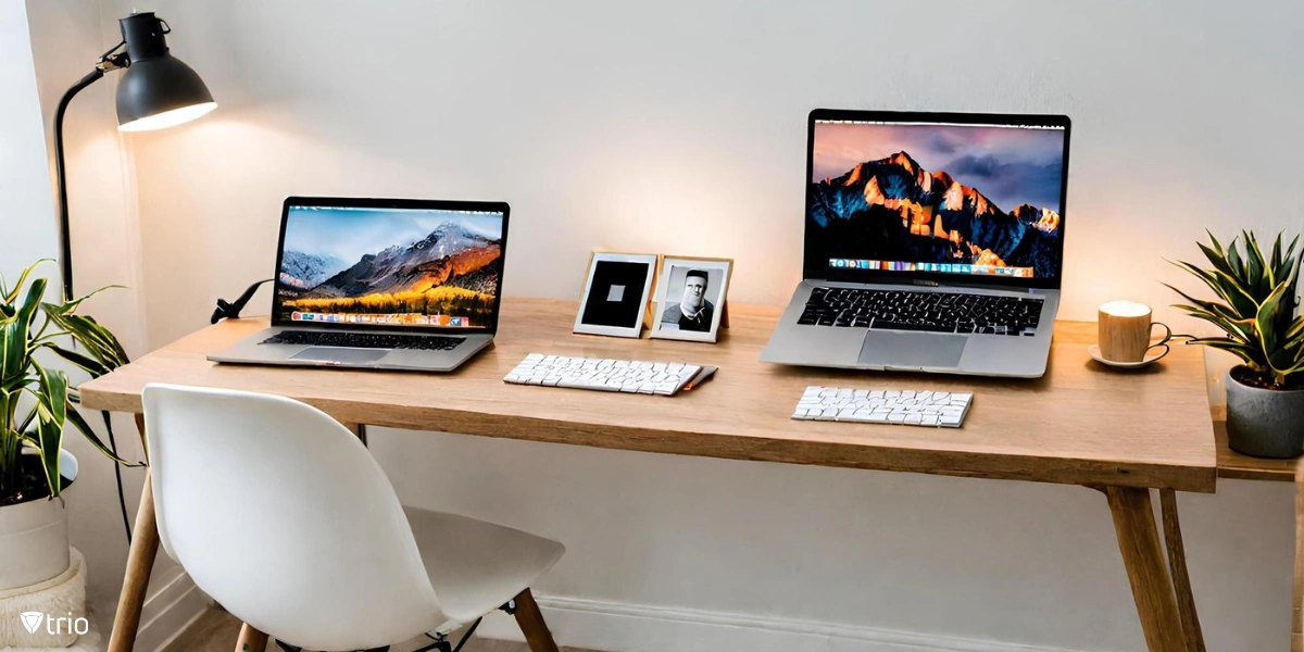 Image of a MacBook on an office desk next to other Apple products