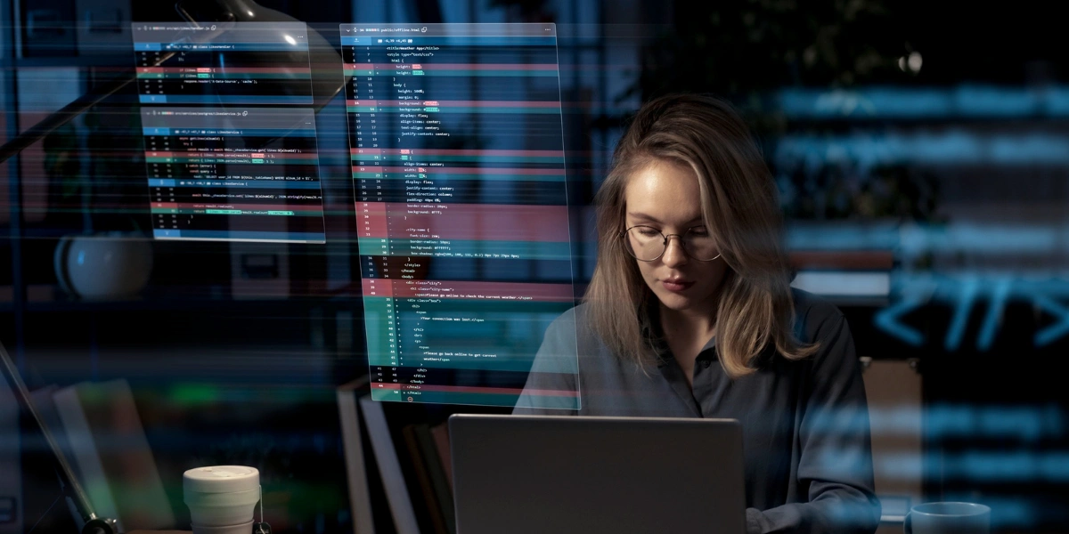 woman working on computer with analytics in background