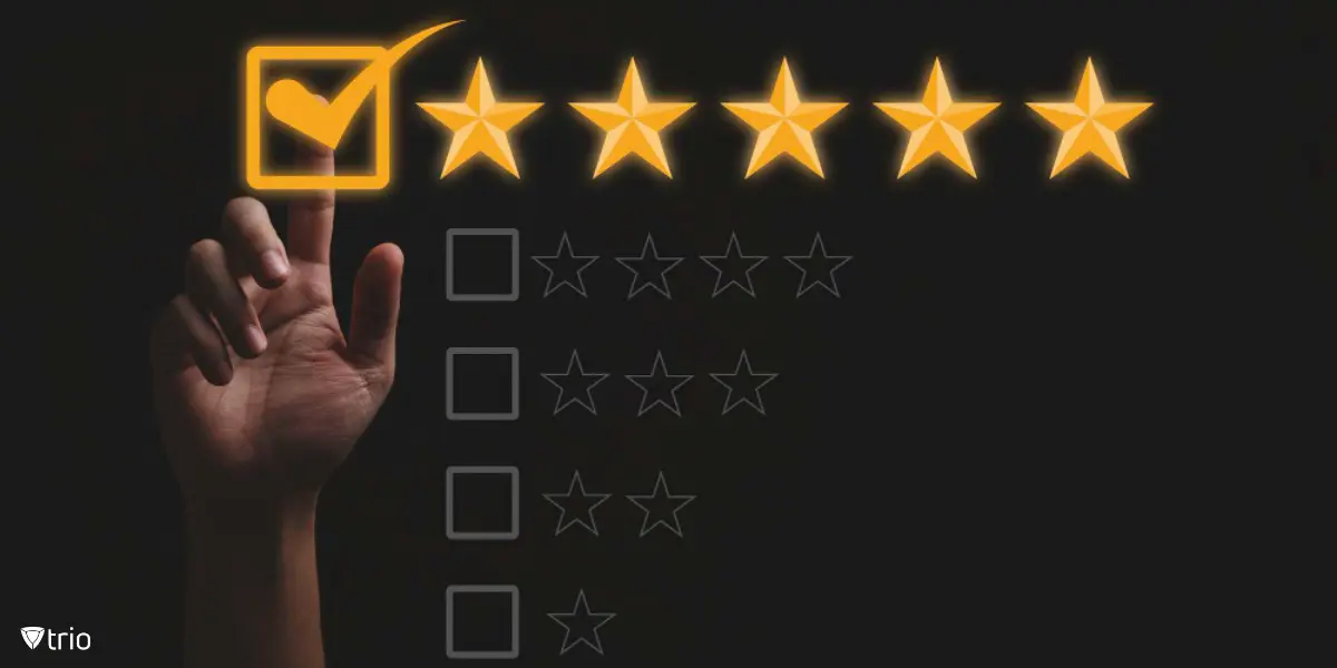 A customer’s hand touches a glowing display of five yellow stars against a dark background, showing a rating process.