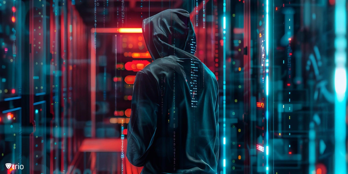 A hooded person symbolizing a hacker on a backdrop of computer codes