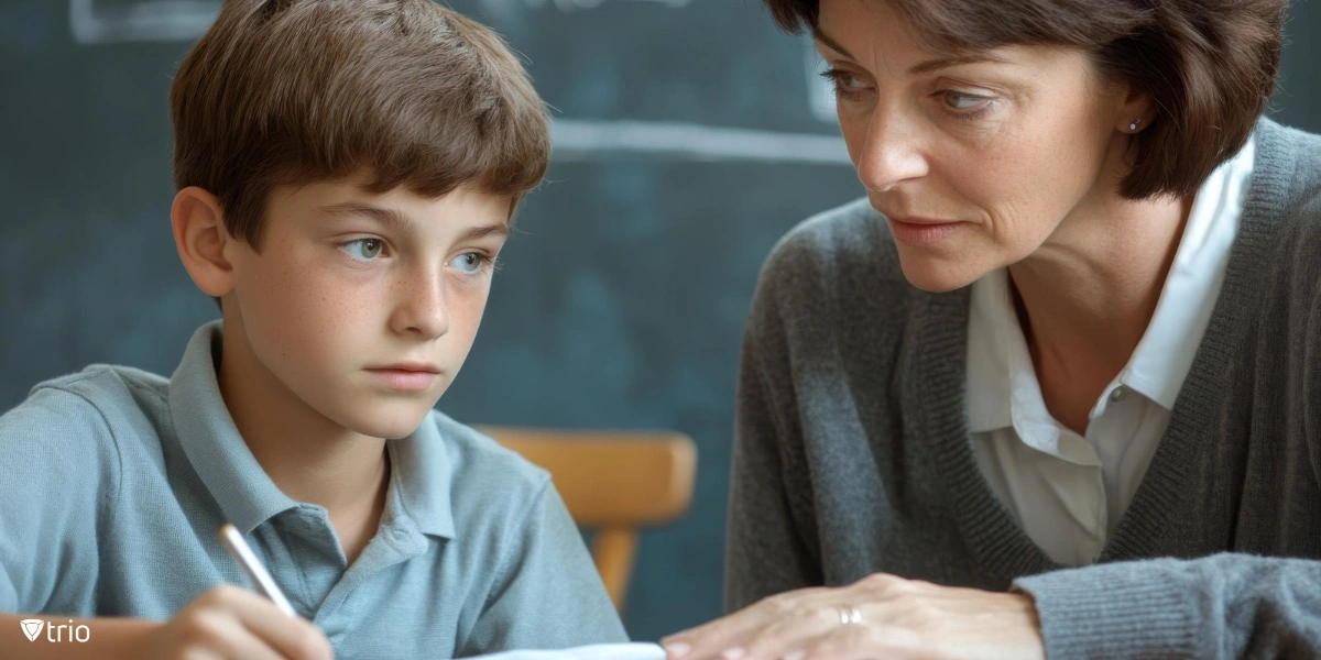 Teacher counselling a boy who is suffering from the consequences of cyberbullying