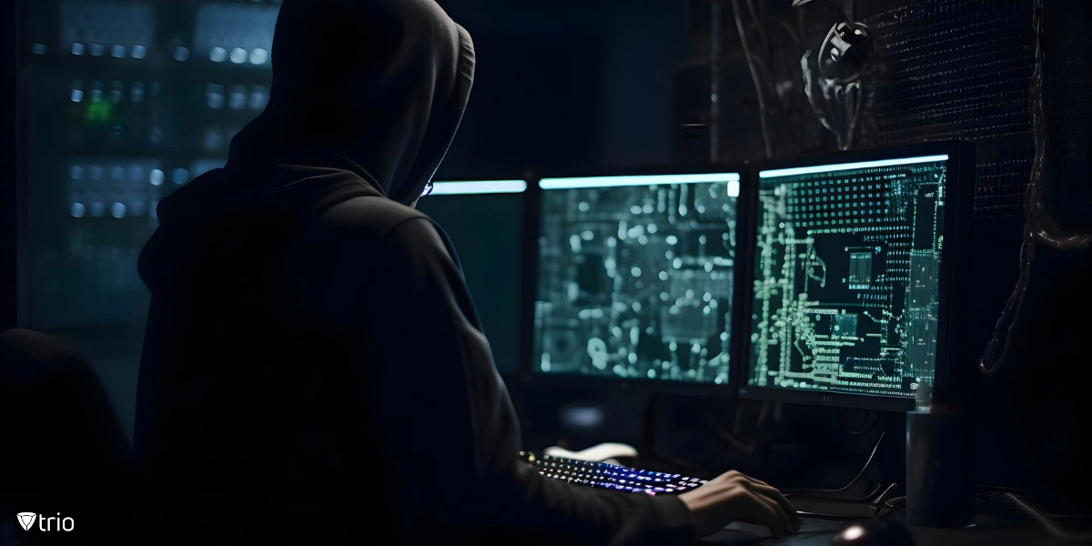 A hooded hacker stealthily accessing and stealing data from a server room.