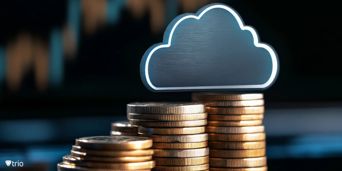 A cloud sign over a pile of coin signifying the cost saving benefit of cloud asset management