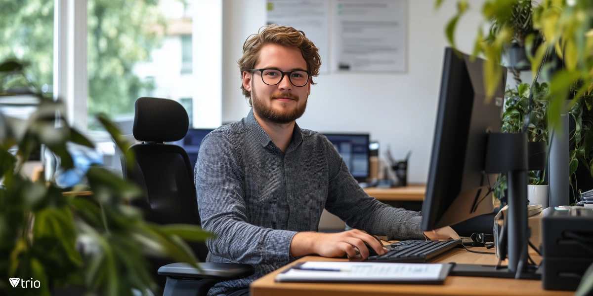 Foto eines Unternehmensleiters, der nach vorne blickt, an einem Computer sitzt und Nachrichten empfängt