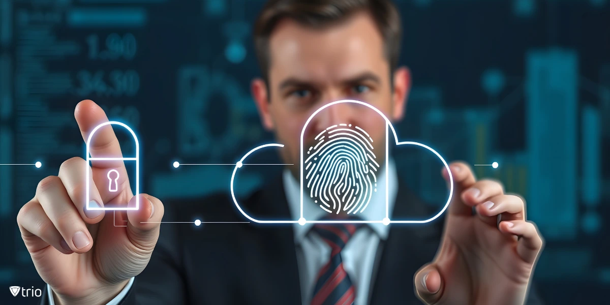 Businessman using virtual screen with lock and fingerprint in a cloud