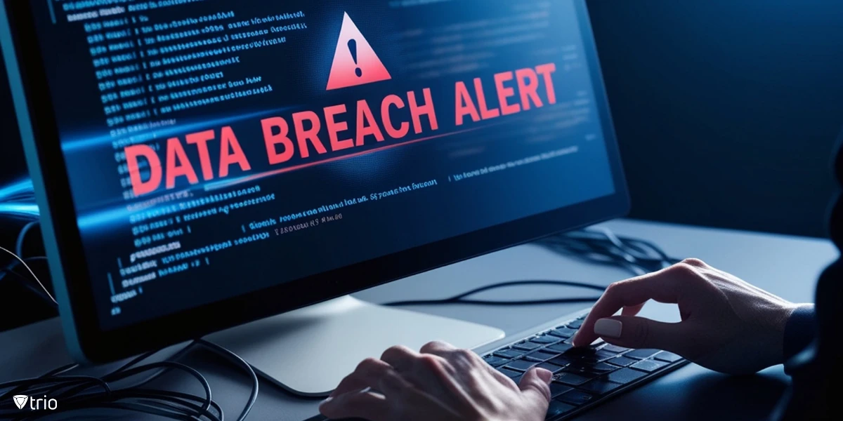 Person working on a desktop device with data breach alert visible on screen with a warning sign