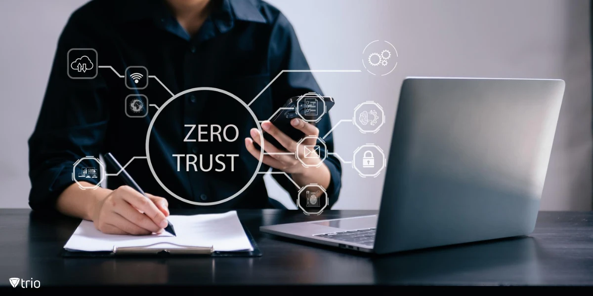 Zero trust security concept Person using computer and mobile device with zero trust icon on virtual screen