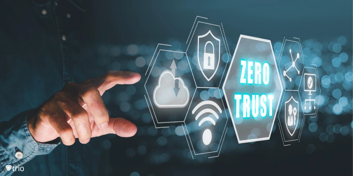 Zero trust security concept Person hand touching zero trust icon on virtual screen