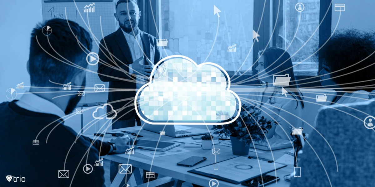 cloud connected to multiple services and software with employees on the background in a meeting