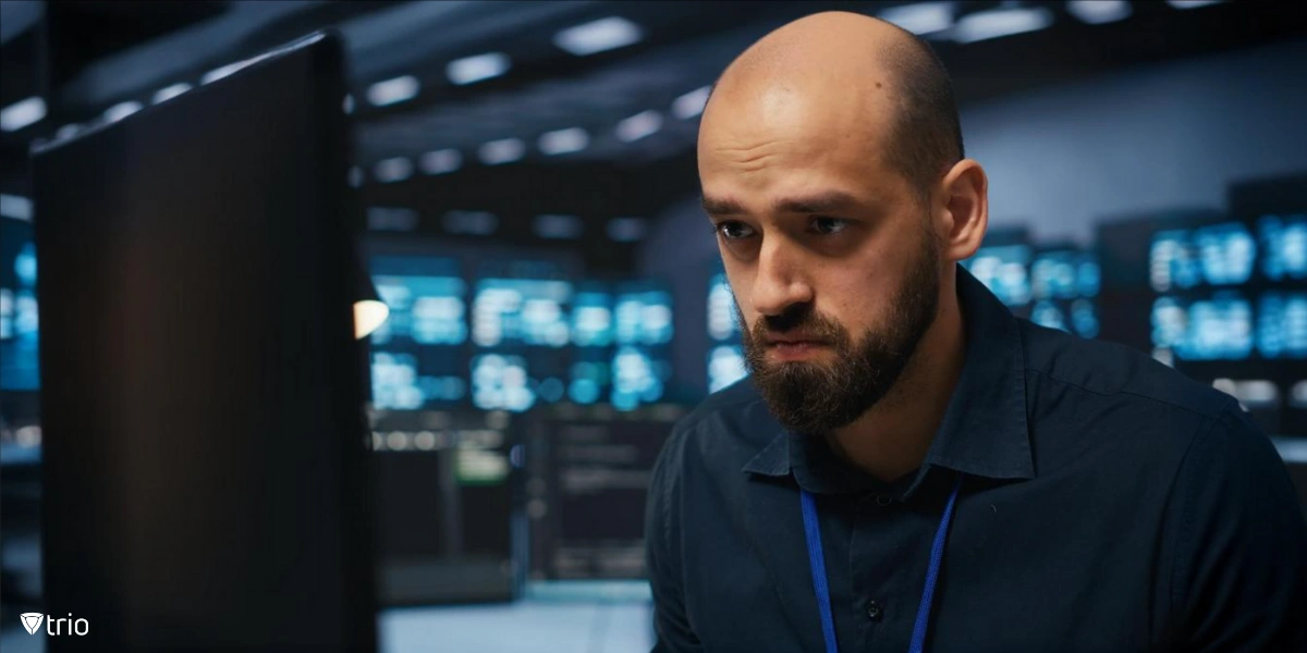 A professional IT technician works on a laptop in a server room filled with glowing server racks, running diagnostic tests.