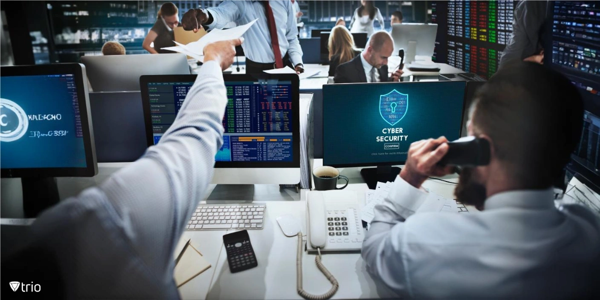 office with employees working on devices and one of the employees having a shield with cyber security on his screen