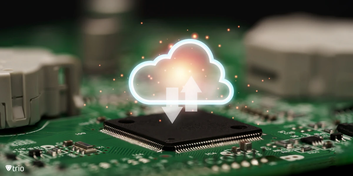 A close-up of a microchip on an electronic circuit board with a glowing cloud icon symbolizing data transfer