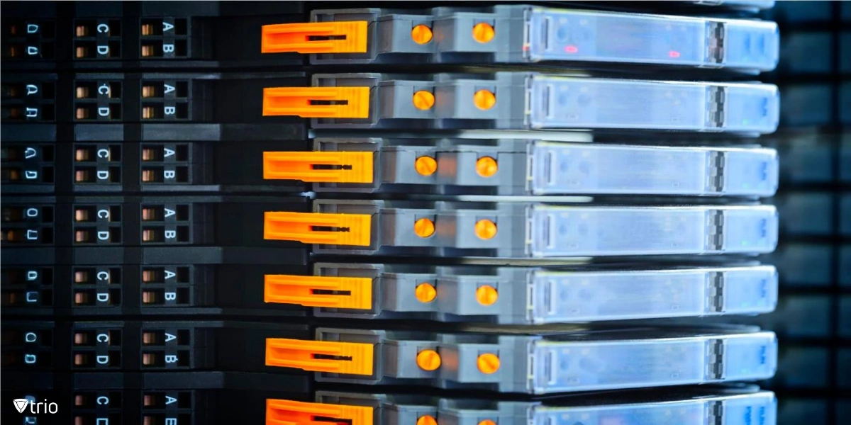 A close-up view of multiple SSD drives arranged in a rack, symbolizing modern NAS systems or high-performance storage solutions