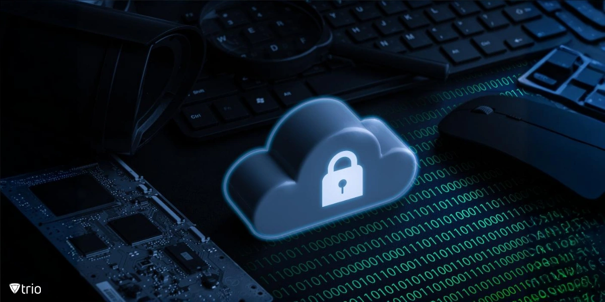 Cloud icon with lock on abstract background with keyboard 