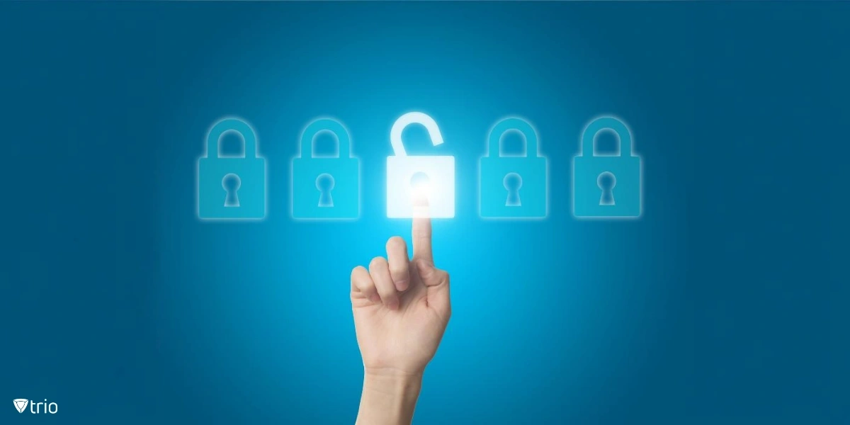 A hand pointing to a glowing, unlocked padlock icon on a blue background. Surrounding the unlocked padlock are other lock icons that remain closed and less prominent.