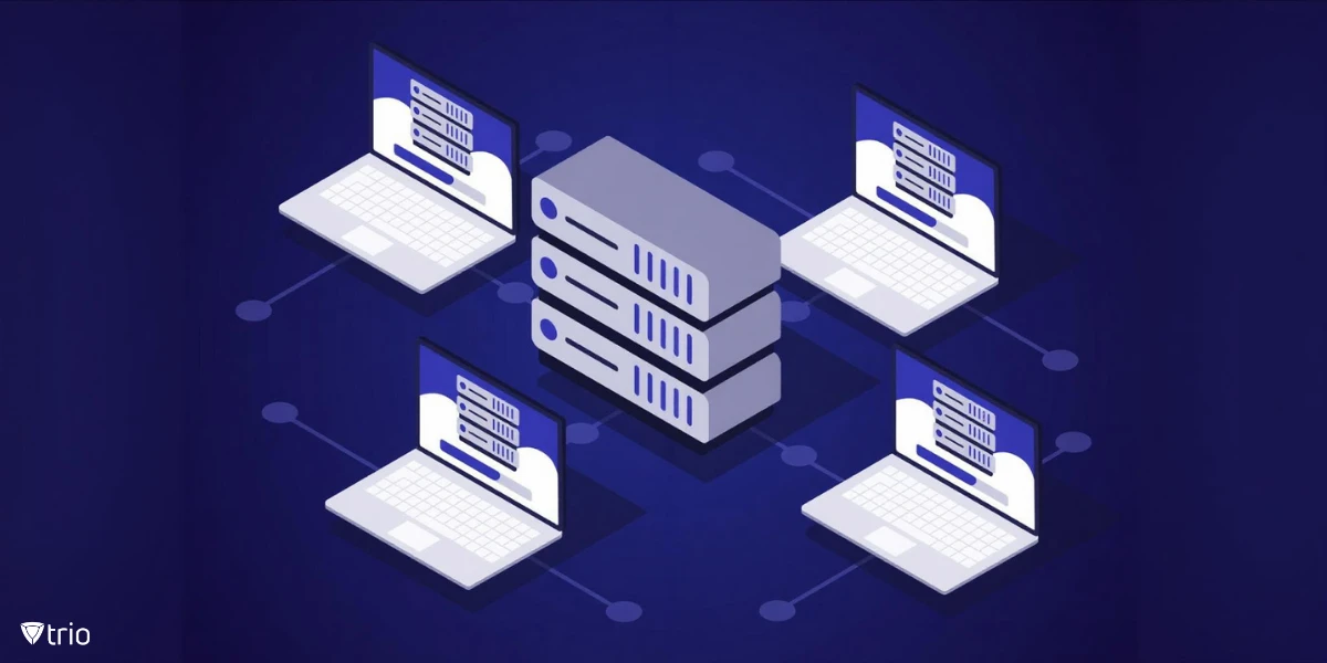 Graphic of four laptops connected to a central database