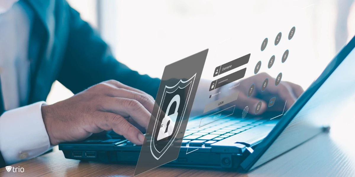 Man using a laptop with a virtual login window projected from the screen, accompanied by a shield icon featuring a padlock