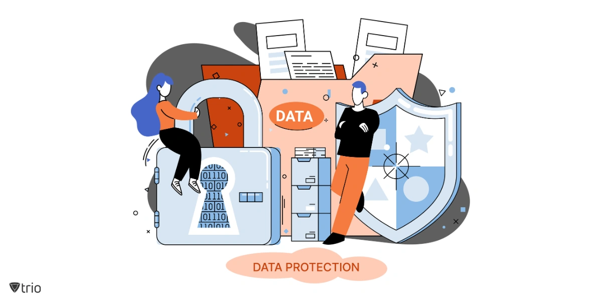 illustration of data with a man and woman protecting it with a lock and shield