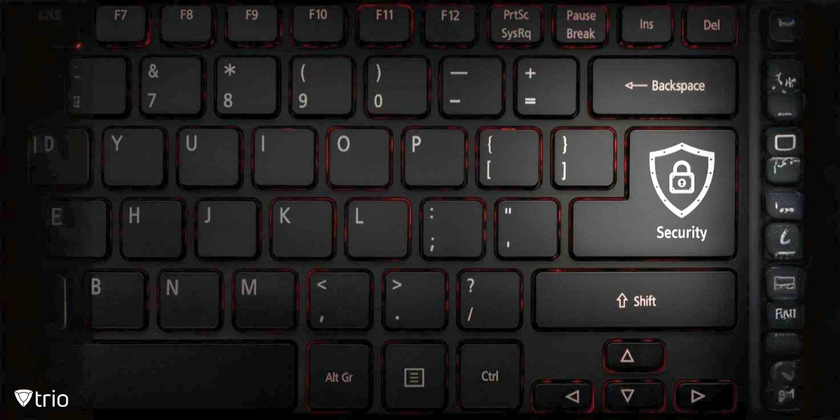 A close-up of a keyboard with a highlighted "Security" key featuring a lock and shield symbol