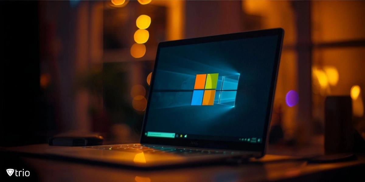 A laptop with a brightly lit screen displaying the Windows logo