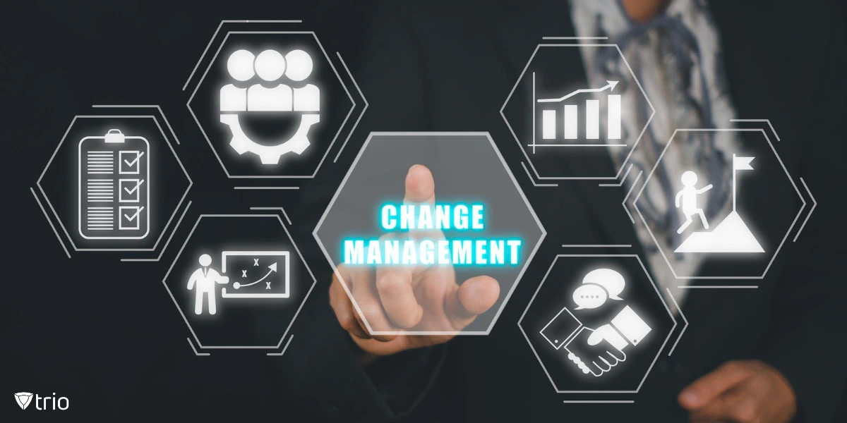 Businessperson’s hand pointing towards change management icon surrounded by other icons on virtual screen